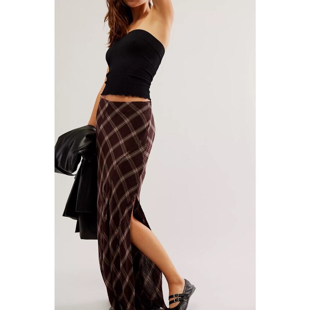 Plaid Maxi Skirt with Side Slit - Brown Plaid